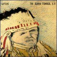 A line drawing of an American Indian in full headdress with the words "LOTION" and "THE AGNEW FUNERAL E.P." in handwritten lettering across the top