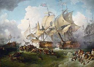 Two large ships sail side by side locked in battle as heavy brown seas roll beneath them and clouds of smoke from other vessels in the background drift into frame. In the foreground, dozens of men cling to wreckage in the water or drift in small boats.