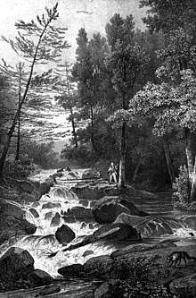 A black and white illustration showing a rocky cascade in a wooded brook with a hunter on its right side
