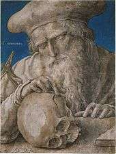 St. Jerome momento mori drawing of skull by Lucas van Leyden