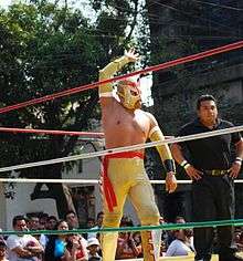 Color picture of a masked professional wrestler posting in the ring during an outdoor wrestling event.