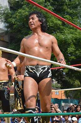 A photo of wrestler Negro Casas in a wrestling ring during an outdoor wrestling event.