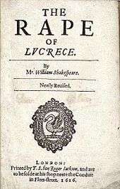 Title page of the narrative poem The Rape of Lucrece with Mr. prefixing Shakespeare's name