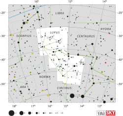 Diagram showing star positions and boundaries of the constellation of Lupus and its surroundings