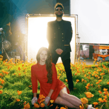 A single cover showing a man in black with a brunette woman sit under him in a floral field, she wears a red dress while stares at the main vision. They are backed by a place that appears to be a set of a photoshoot.