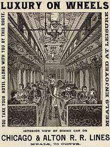 Drawing of meals being served in a dining car