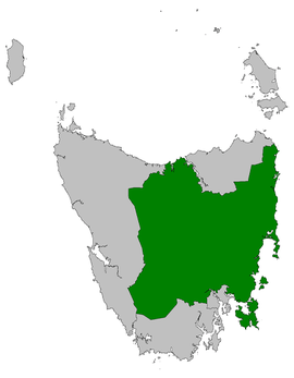 Map of the Tasmanian Legislative Council divisions, Derwent highlighted in crimson.