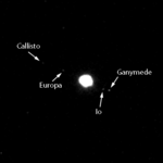 Image of four visible Galilean moons, acquired using the Narrow-Angle Camera on the Mercury Dual Imaging System