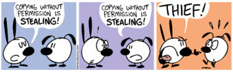 Mimi says: Copying without permission is stealing!  Eunice says: Copying without permission is stealing!  Mimi shouts at Eunice: THIEF!