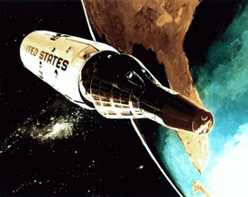 Artist's impression of two spacecraft separating from each other, backdropped against the Earth