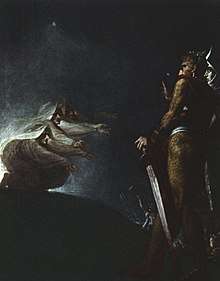 Dark painting showing two figures encountering witch-like creatures.
