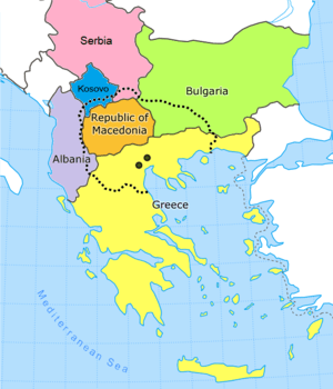 Map of the Balkan peninsula depicting approximate extent of the Macedonian region with borders of modern countries and the former capital cities of ancient Macedonia near the coast