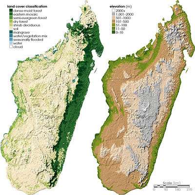 Two maps of Madagascar, showing land cover on the left and topography on the right