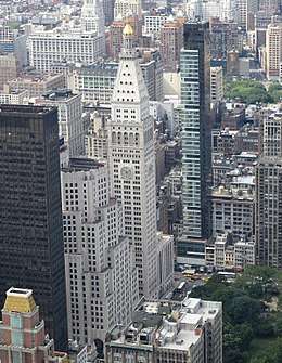 A view of several New York City buildings from the air, looking north from above approximately 20th Street