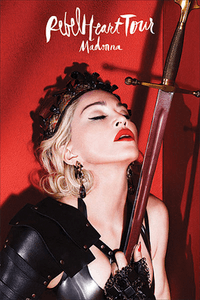 Madonna with her eyes closed in a warrior's dress, holding a sword close to her heart. The singer's and the tour name are written above the image.