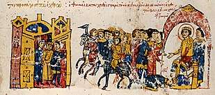 The captive Thomas is led out of a fortress in chains and forced to prostrate himself before the emperor