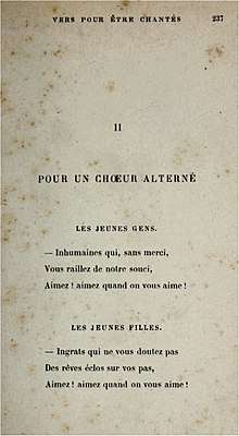 old and discoloured page of printed volume of French verse