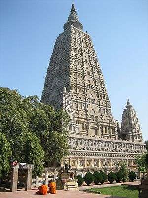 The Mahabodhi Temple towering above its surroundings like a skyscraper carved of stone
