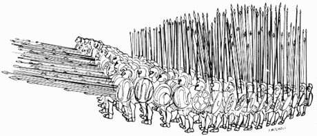 An ancient Greek military formation. The formation is sixteen men deep and sixteen men wide. The soldiers are armed with large, oval shields and long spears