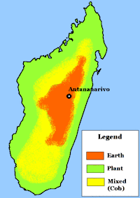 Map of Madagascar indicating the distribution of predominant construction material over the island