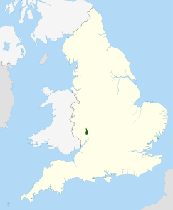 Map of England and Wales with a green area representing the location of the Malvern Hills AONB