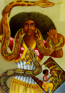 Printed in Hamburg in the 1880s, this poster of a snake charmer gave rise to the common image of the loa Mami Wata.
