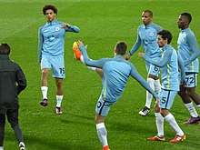 City players warming up before the Manchester derby in the EFL Cup, October 2016