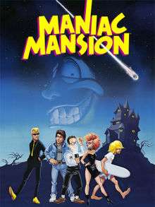 Artwork of a vertical rectangular box. The top portion reads "Maniac Mansion" with a group of five teenagers in the foreground and dark landscape in the background. The first teenager is a blond male dressed in a black suit, the second a brunette male in a denim jacket and pants, the third, a black-haired male with glasses and a flashlight, the fourth a red-haired female in a black dress and spiked choker, and the fifth a male with long, blond hair holding a surfboard.