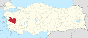 Manisa highlighted in red on a beige political map of Turkeym