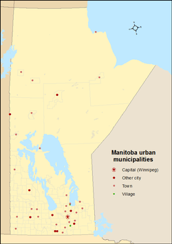 Map showing locations of Manitoba's urban municipalities