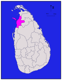Area map of Mannar District, along the north western coast with eastern border extending towards the interior, also including a large island roughly oval in shape, in the Northern Province of Sri Lanka
