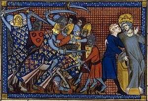 A mounted knight fights against footmen, while a crowned man is carried from the battlefield