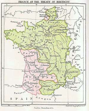 Map showing 14th-century France in green, with the southwest and parts of the north in pink