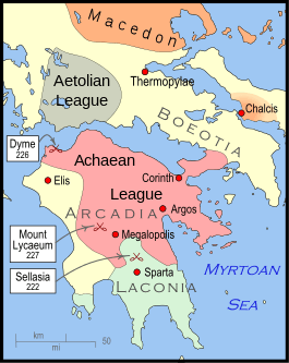 A map of Greece. That northern half of Greece is occupied by the new Aetolian League and the southern territories under the control of Macedon, while the south is occupied by Sparta, the Achaean League and several smaller states.