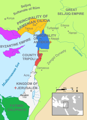 Three crusader states along the coast of the Mediterranean Sea and the nearby territories