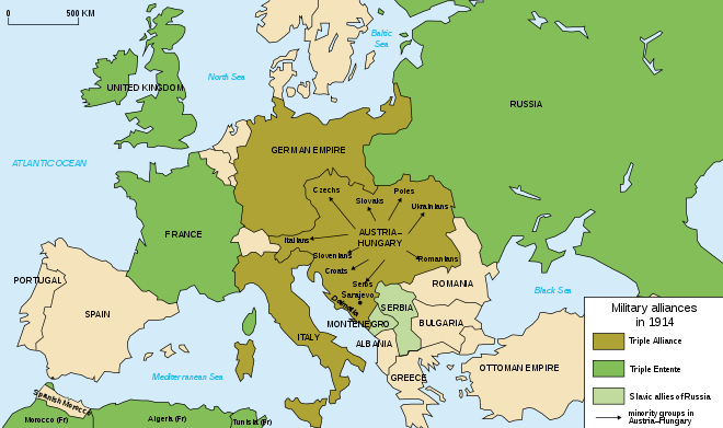 Map of Europe focusing on Austria-Hungary and marking central location of ethnic groups in it including Slovaks, Czechs, Slovenes, Croats, Serbs, Romanians, Ukrainians, Poles.