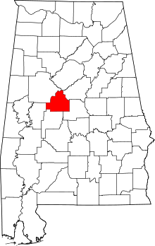 Map of Alabama highlighting Bibb County