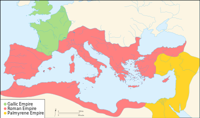 A colored map of Europe showing the Gallic Empire in green, Roman Empire in red, and Palmyrene Empire in yellow, during the rule of Tetricus I.