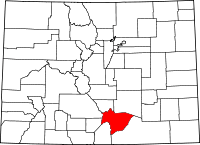 Map of Colorado highlighting Huerfano County