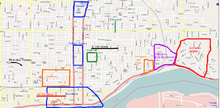 A map of a city with several areas highlighted to illustrate historic neighborhoods