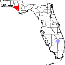 A state map highlighting Bay County in the panhandle part of the state. It is medium in size.