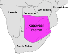 This map shows the outlines of the southern African nations of Nambia, Btoswana, Zimbabwe and South Africa. Kaapvaal Craton's outline is superimposed on the countries.