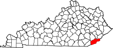 Map of Kentucky highlighting Harlan County