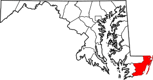 Map of Maryland highlighting Worcester County