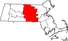 Map of Massachusetts highlighting Worcester County