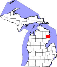 Map of Michigan highlighting Alcona County