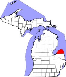 Map of Michigan highlighting Huron County