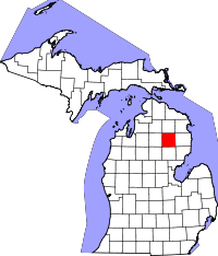 Map of Michigan highlighting Oscoda County
