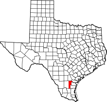 Map of Texas highlighting Jim Wells County
