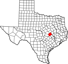 Map of Texas highlighting Milam County
